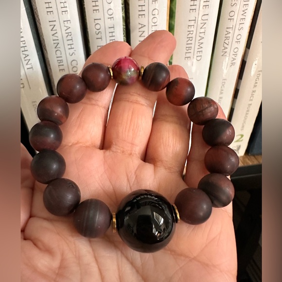 MATTE RED TIGERS EYE + ONYX NATURAL STONES BRACELET size 7” - Picture 8 of 11